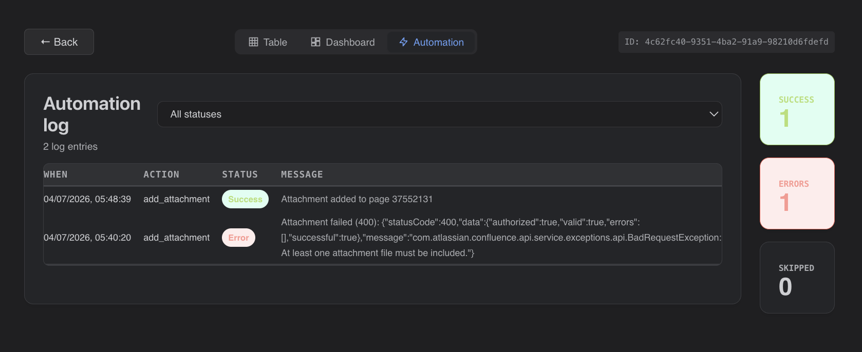Automation execution log with per-action statuses